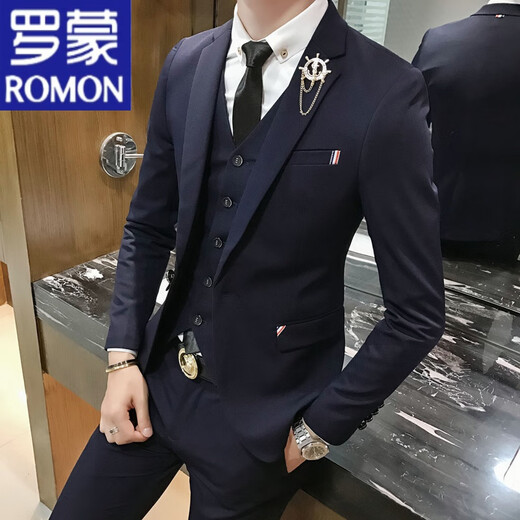 ROMON groom and best man wedding suit Korean style small suit slim and trendy three-piece men's business casual formal suit black suit + vest + trousers shirt tie L