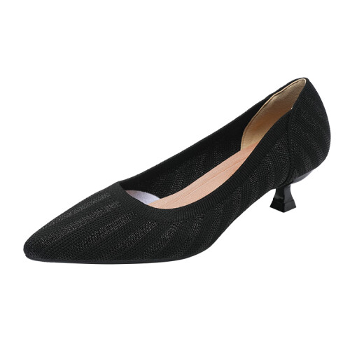 Yan Chengxing's shoes with skirt, low heel, thin heel, old Beijing cloth shoes, women's pointed toe single shoes, spring and summer new style, shallow mid-heel, stewardess black 34