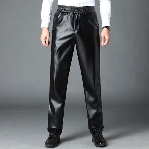 Donkey fox leather pants men's velvet thickened middle-aged and elderly men's leather pants work pants waterproof high-waisted loose autumn and winter PU leather black medium size for both men and women 140-160 Jin Jin equals 0.5 kg