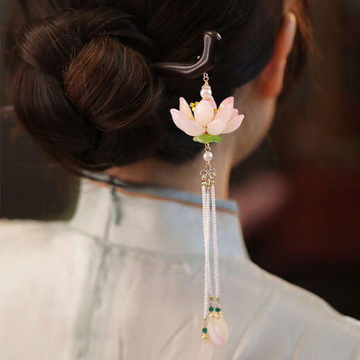 Qianbaolai ancient style lotus imitation pearl tassel hairpin national style niche back head hairpin fashion high-end hairpin hairpin - black