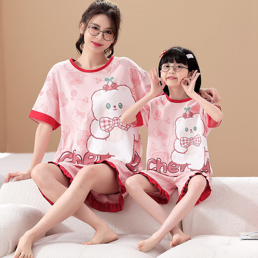 Langsha mother and daughter parent-child dress pajamas girls summer short-sleeved thin cotton home clothes little girl student summer suit LYP687 S (150) 140-150CM/68-82Jin[Jin equals 0.5 kg]