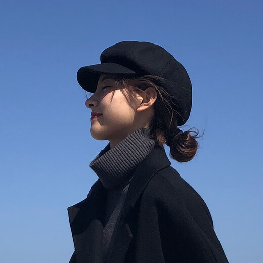 DIRUNSHI octagonal hat for women, autumn and winter trendy Korean style British retro painter internet celebrity beret wool wool versatile literary newsboy hat black adjustable (54-58CM)