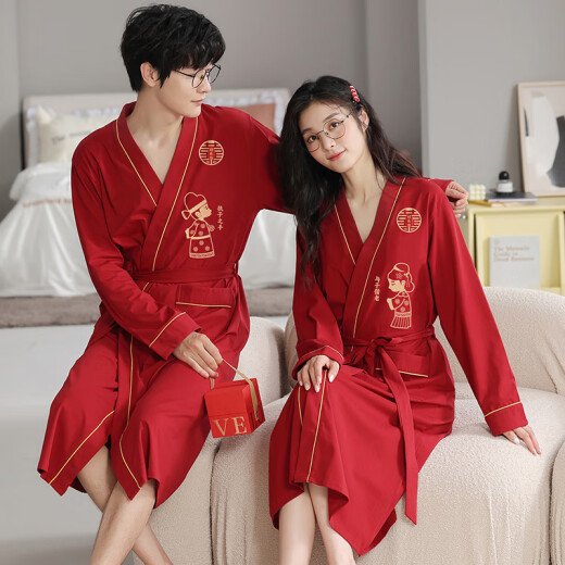 浪莎（LangSha）红色结婚情侣睡袍一男一女纯棉喜庆新婚睡衣浴袍家居服高档礼盒装 9928【礼盒装】 女M+男XL