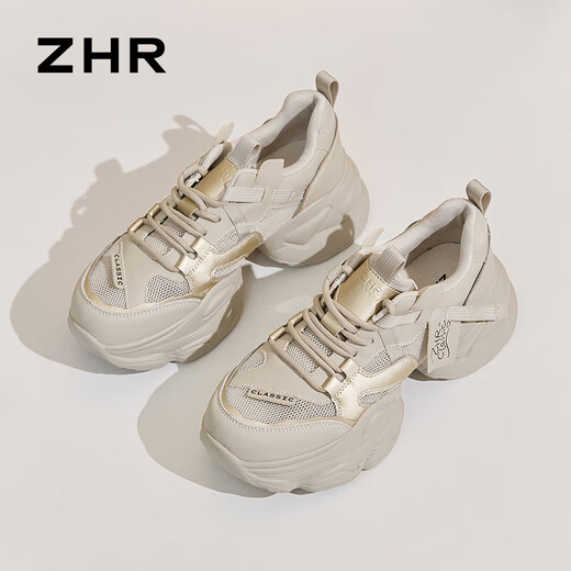 ZHR老爹鞋女夏季厚底休闲网洞鞋女透气女鞋 G673E 灰金（网面） 35