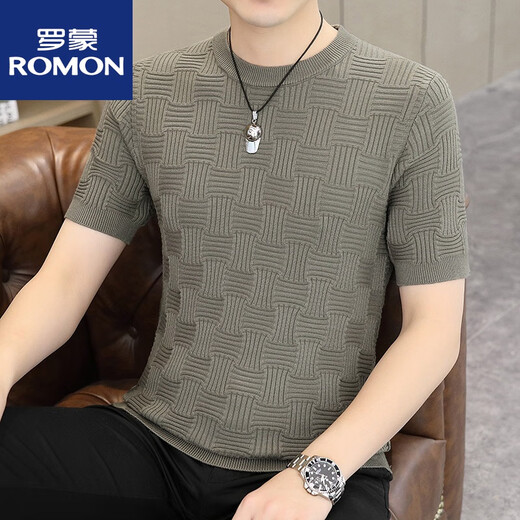 ROMON knitted short-sleeved T-shirt men's printed trendy half-sleeved sweater winter men's sweater slim bottoming shirt personality 1116 gray green L recommended 105-120Jin Jin equals 0.5 kg