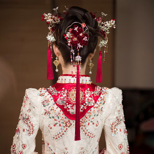 Wanbaozi Bridal Jewelry Chinese Xiuhe Clothing Headwear Ancient Style Red Velvet Flower Tassel Wedding Jewelry Toast Clothing Accessories Red Five-piece Set Headwear + Ear Clips