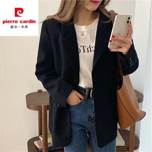 Pierre Cardin blazer women's 2026 spring and autumn new Korean style loose and versatile student mid-length top casual small suit for women apricot XL 131-145Jin Jin equals 0.5 kg