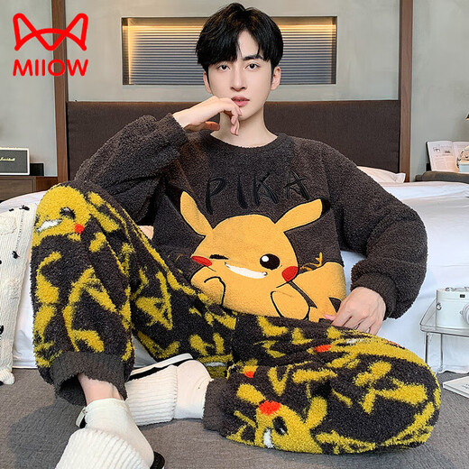 猫人（MiiOW）半边绒男士睡衣加厚加绒男款卡通珊瑚绒保暖冬季家居服套装秋冬款 WB绒6227 M [小]]建议身高155CM左右，体