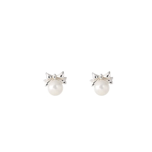 Qi Xiaomi s999 Pure Silver Pearl Bow Earrings Women's Ear Hole Screw Anti-Loss Imitation Pearl Earrings Small Earrings One Pair + Gift Box Packing