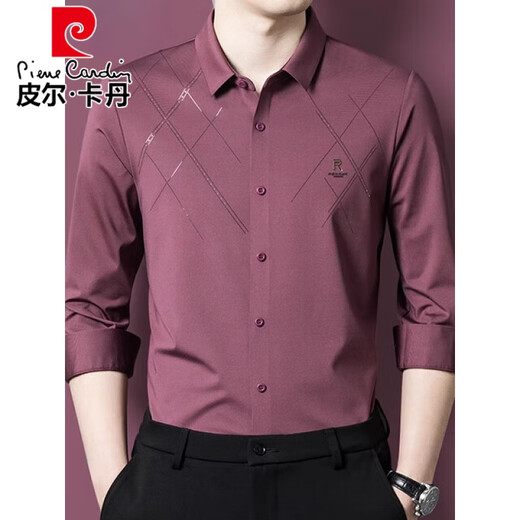 皮尔卡丹（pierre cardin）酒红色衬衫男长袖婚宴装喜公公结婚礼服爸爸本命年红衬衣父母服装 红色加绒6627 170