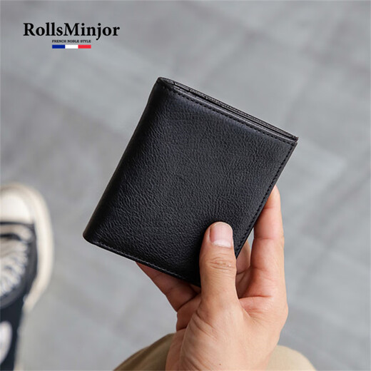 Rollsminjor Britische leichte Luxusmarke Echtes Leder Dünne Herren kleine Brieftasche Top-Schicht Cowhide Multi-Card Short Wallet Gift Box Schwarz 9,5*1*10,5 cm