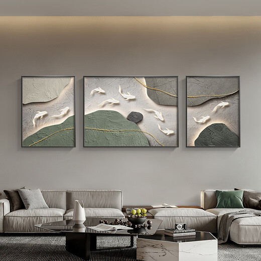 美优淳 九鱼图客厅装饰画侘寂风肌理沙发背景墙挂画简约高级感三联壁画 JD12171 左右40*60中80*60晶瓷金属黑框