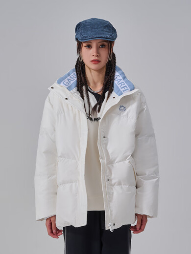 Fun2024 new autumn and winter trendy brand down jacket for women with contrasting color lapel letter print loose casual jacket warm white M