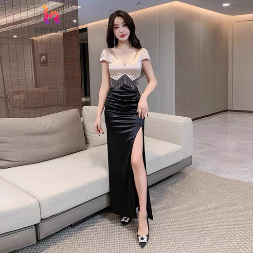 山森南狮性感连衣裙晚礼服新款足浴店足疗KTV技师感夜店网纱连衣长裙 13510姜黄色长裙 S