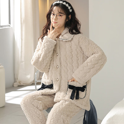 Mandelefin Winter-Pyjama dreischichtige Baumwollladien Korallenmerze verdickte Plüsch-Set-Hauskleidung Herbst und Winter 2023 Neues Modell 12127 Frauen XL (120-140jin [Jin entspricht 0,5 kg]))