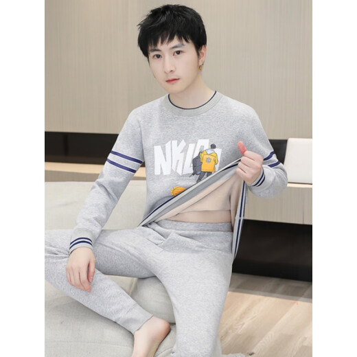 ZENGZHI NIUZAI2024秋冬季保暖内衣男款加绒初高中学生大童加厚纯棉秋衣秋裤套装 679灰色 XL [建议80-115斤]