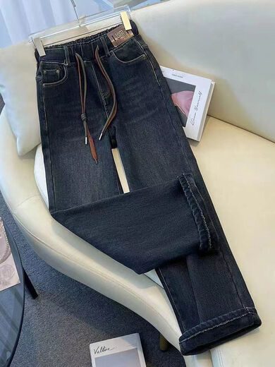 Xuan Mulins New Damen Long Ärger lose modische Hemd mit mittlerer Länge elastischer Taillenjeans für den Frühling der Frauen, Herbst und Winter 2024 Neue Hochtaille 1278 Blue S 80-95