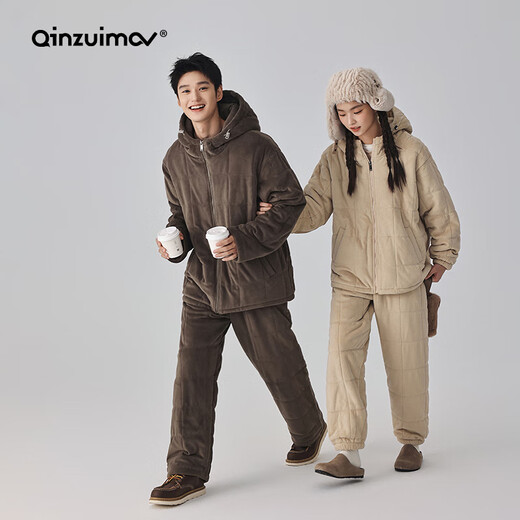 Kissing Cat winter thickened couples quilted pajamas island velvet three-layer thickened men's suit home clothes can be worn outside 6463 Cream Apricot Women L