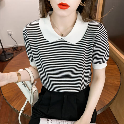 酷章（KUZHANG）条纹娃娃领短袖女2025夏季新款冰丝针织衫薄款T恤小个子减龄上衣 dx691#黄色 S  建议80-100斤