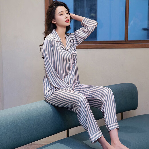
MONTAGUT 2025 new pajamas for women in spring and autumn ice silk long sleeve striped cardigan lapel fashion internet celebrity home clothing set xe double length 6625# gray pink stripes one size m