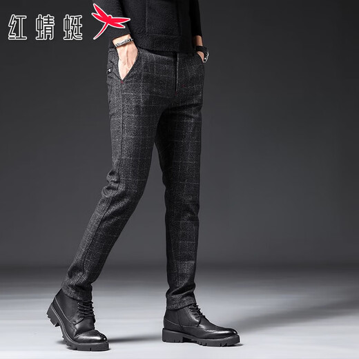 红蜻蜓（RED DRAGONFLY）春秋季2025款裤子男士格子商务西休闲裤修身小脚磨毛韩版潮流男裤 黑色 1098款 常规 31 二尺四