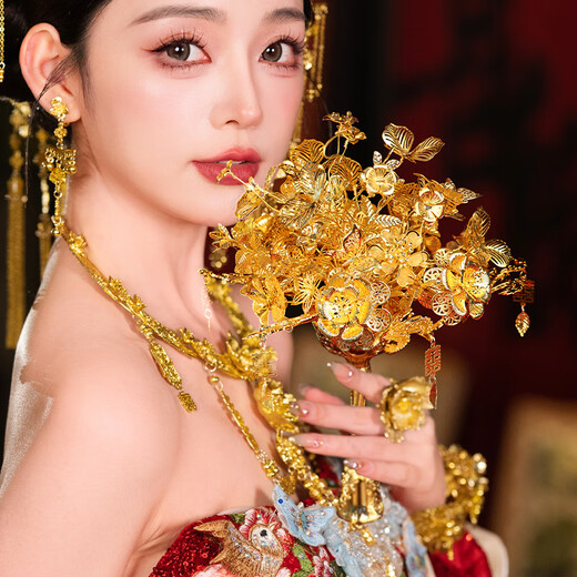 科茵格黄金色手捧花diy材料包中式婚礼新娘秀禾旗袍服晨袍闺蜜结婚礼物 荣华[diy材料包]+高档礼盒