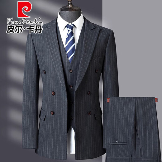 Pierre Cardin striped suit suit men's new style double-breasted high-end business suit three-piece wedding dress 9810 gray