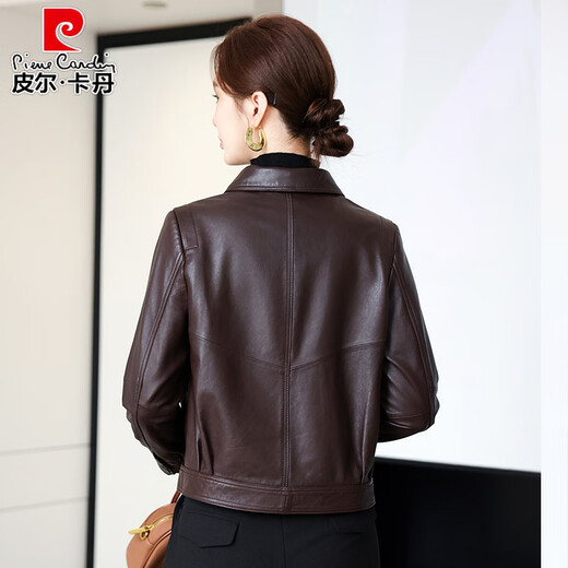 Pierre Cardin Haining Genuine Leather Jacket Women's Maillard Sheepskin Short Jacket High-end Retro Light Oil Wax Jacket Motorcycle Wear Trendy Brown M 90Jin Jin is equal to 0.5kg -105Jin Jin is equal to 0.5kg