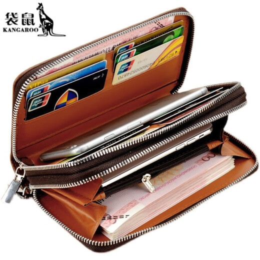 Kangaroo Herren Brieftasche Männer Long Handtasche Herren Handy Bag Card Bag Hand Grab Bag Herren Multi-Card Reißverschluss Langer Tasche Brown Doppel Reißverschluss Super große Kapazität