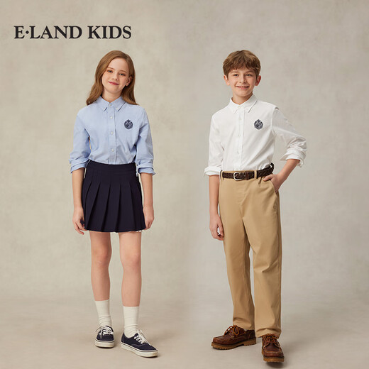 E LAND KIDS 100% Cotton Eland Boys and Girls Shirt 25 Years Summer College Style Badge Embroidery Pure Cotton Long Sleeve Blue/50 130 cm