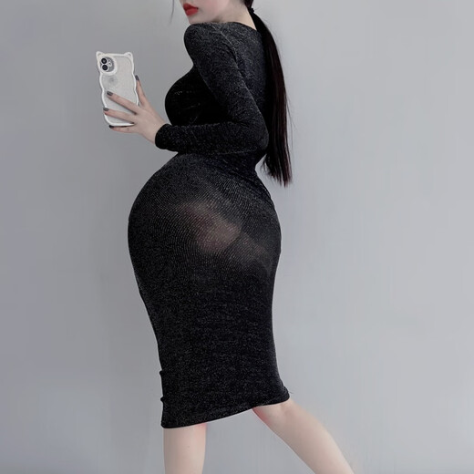 
YESEXING nightclub bent over transparent skirt women's skirt French shiny silk slim dress hip-wrapped short sleeve XL