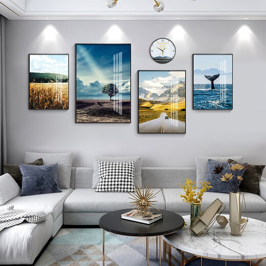 摩琥（mohu）客厅装饰画沙发背景墙壁画现代简约风景山水画电视墙高档新款挂画 海阔天空15931(含挂钟) 钢化晶瓷大组合-黑框