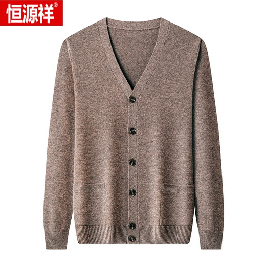 恒源祥（HYX）开衫毛衣男春秋休闲宽松男士100羊毛衫外套中年V领纯色针织衫 黑色 185
