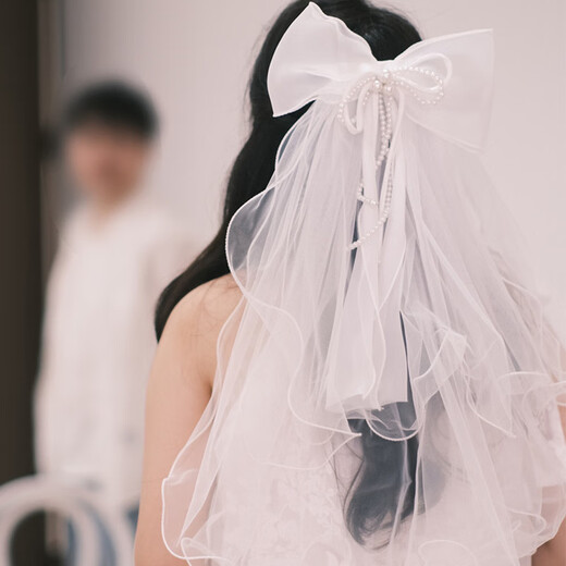 Bo Naling Proposal Veil, Bridal Head Certificate, Bow Hijab, Internet Celebrity Hairpin, Photo Ritual Confession Decoration Props, Double-layered Hemming Veil 60cm, Hairpin Style