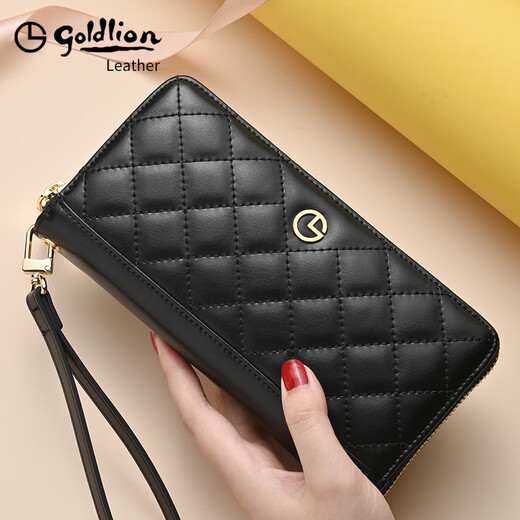 Goldlion Wallet Women's Long Genuine Leather Zipper Handbag 2025 Simple Wallet Trendy Handbag Gift for Wife Mobile Phone Bag Black Official Straight Hair. Fake One Penalty Ten Small Bag