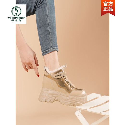 Specht Innere erhöhte Schneestiefel für Frauen 2023 neue verdickte Baumwollschuhe Winter plus Samt -Turnschuhe kleine dicke Sohle 10 cm Lk 7333 Gold Single Layer 36