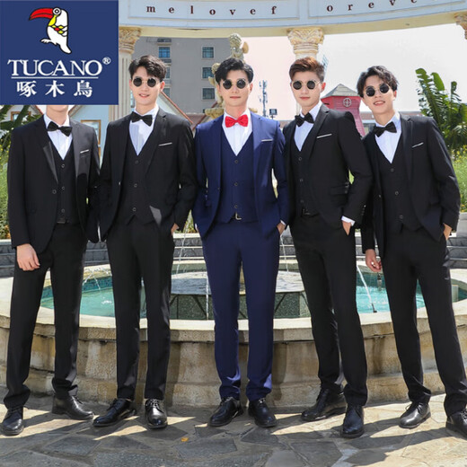 
Woodpecker groomsmen's best suit white shirt brother group clothes wedding suit dress men's suit vest strap summer shirt clothing black trousers + short-sleeved shirt XL