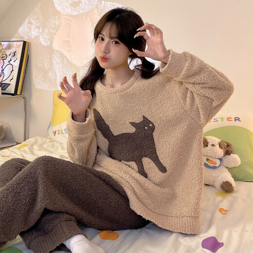 Yalu Pyjamas Damen 2025 Neues halbe Länge Samt Little Black Cat Herbst- und Wintertage Korallenmerze plus Samt verdickte Set Home Clothing 6623 m Frauen (empfohlenes Gewicht 80 100 Jin [Jin gleich 0,5 kg]))