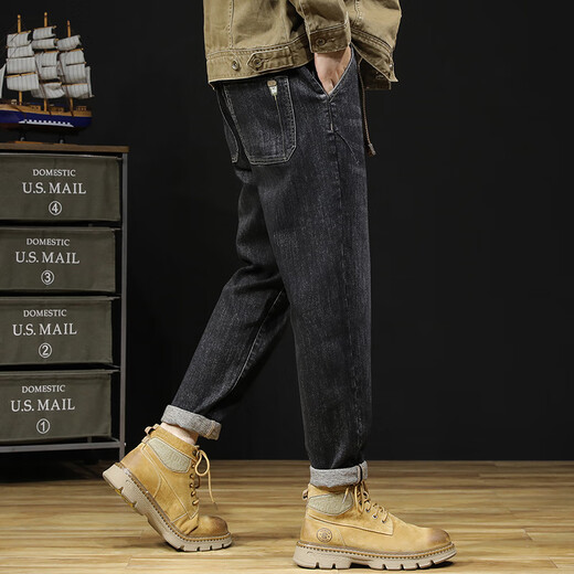 Man de gran tamaño de jeans americano americano Fat Man suelto elástico más grasa más grasa más gran tamaño Harren Pequeños pequeños Pantalones Negro de estilo negro LZM828 6XL /44 [240-260JIN [Jin equivale a 0.5 kg] desgaste]