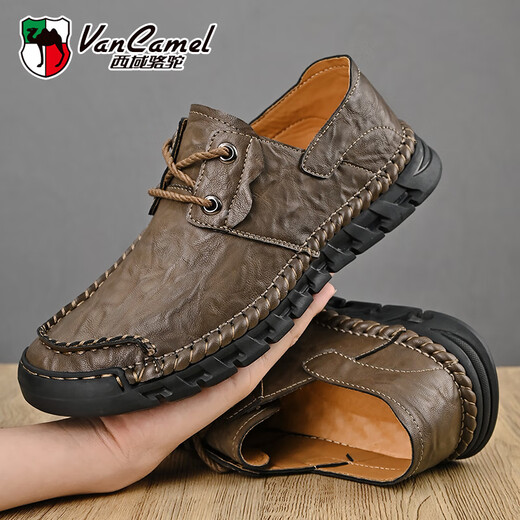 Western Camel (VANCAMEL) large leather shoes for men, soft sole, soft surface, genuine leather men's shoes, thick sole, wide head dad shoes, business casual shoes for men, khaki/lace-up 38 240