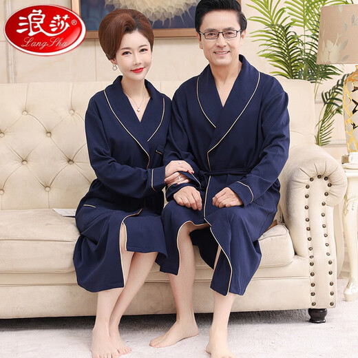 浪莎（LangSha）中年男女长袖纯棉浴袍睡袍中长款大码睡衣家居服大红本命年 深蓝色1 LSY16823 M