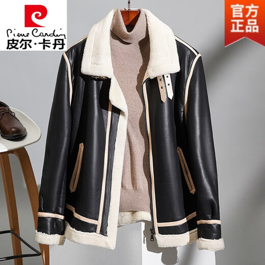 Pierre Cardin fur one-piece men's winter large size velvet thickened leather jacket short motorcycle jacket men's lamb wool jacket brown XL (light business)