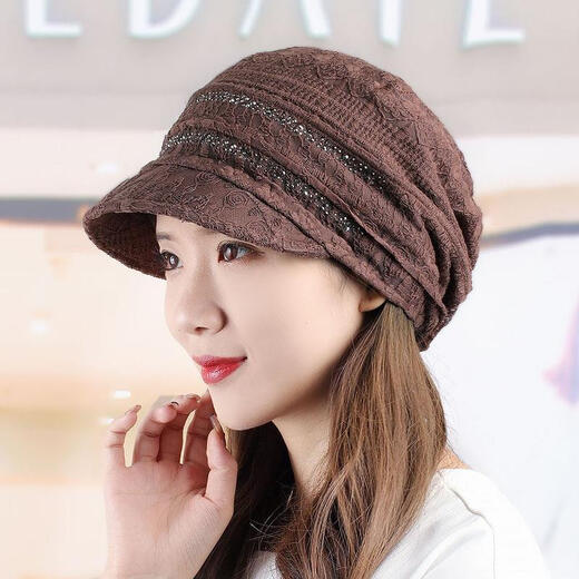 Departure Sky Cover White Hair Hat Thin Fifty-Year-Old Ladies Hat Light and Breathable Baotou Cap for Women Spring and Summer Elegant Wide Brim Basin Brown Two Thin Diamonds One Size 54-59cm Elastic