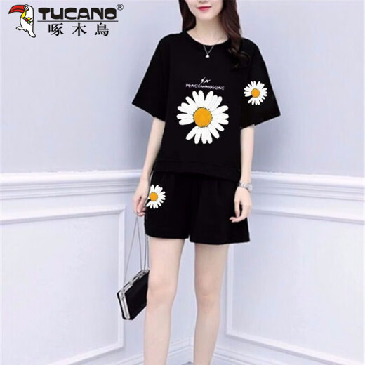 Woodpecker Pure Cotton Casual Sportswear Set Women's Summer 2025 New Fashion Korean Loose Short Sleeve Shorts Running Two-Piece Set 675 White [Chrysanthemum] XL Recommended 115-130Jin [Jin equals 0.5 kg]