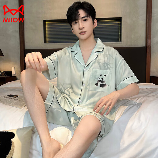 Catman Miiow2025 Neues Pyjamas -Sommer -Kurzfilm Shorts Thin Ice Seide Sommer Neues chinesisches Panda -Heimkleidungssatz Ice Seide G834 3xl (Vorgeschlagene Größe 185 und Gewicht 1