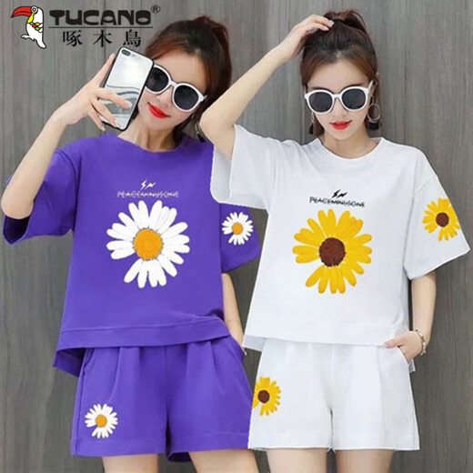 Woodpecker Pure Cotton Casual Sportswear Set Women's Summer 2025 New Fashion Korean Loose Short Sleeve Shorts Running Two-Piece Set 675 White [Chrysanthemum] XL Recommended 115-130Jin [Jin equals 0.5 kg]