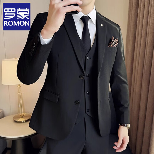 罗蒙（ROMON）新郎结婚西装套装男修身西服三件套礼服商务休闲英伦风职业正装 9889深灰 三件套【西服+马甲+裤 50/L【110-120斤穿】