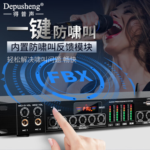 Depusheng REV3900 KTV pre-amp effector with rechargeable wireless microphone for home karaoke singing TV reverberator box commercial anti-howling audio processing USB fiber optic Bluetooth FX8 dual handheld rechargeable microphone