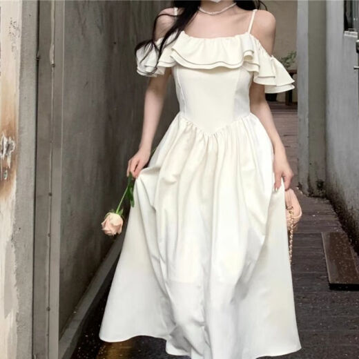 FSHE一字肩吊带连衣裙女设计小众夏季2025法式温柔初恋收腰裙子 1098# L码建议100-110斤