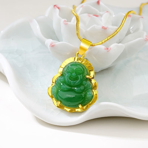 Libiao 18k gold Maitreya Buddha chalcedony jade pendant necklace Vietnamese sand gold and Hetian jade gold inlaid jade pendant for girlfriend Green Buddha pendant + box necklace